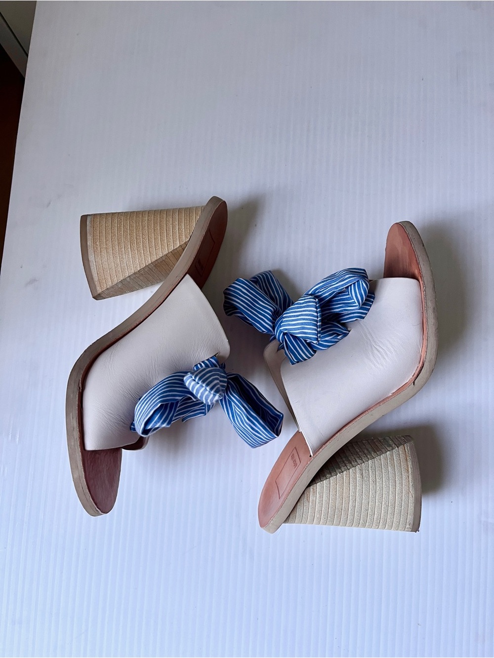 Cream Leather Mule with Blue Stripe lace up Bow